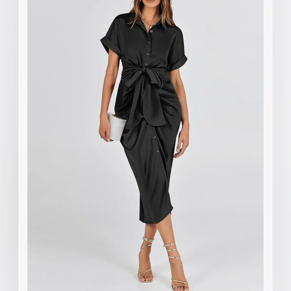 Vintage style satin pleated maxi tie up dress - Picture 1 of 4
